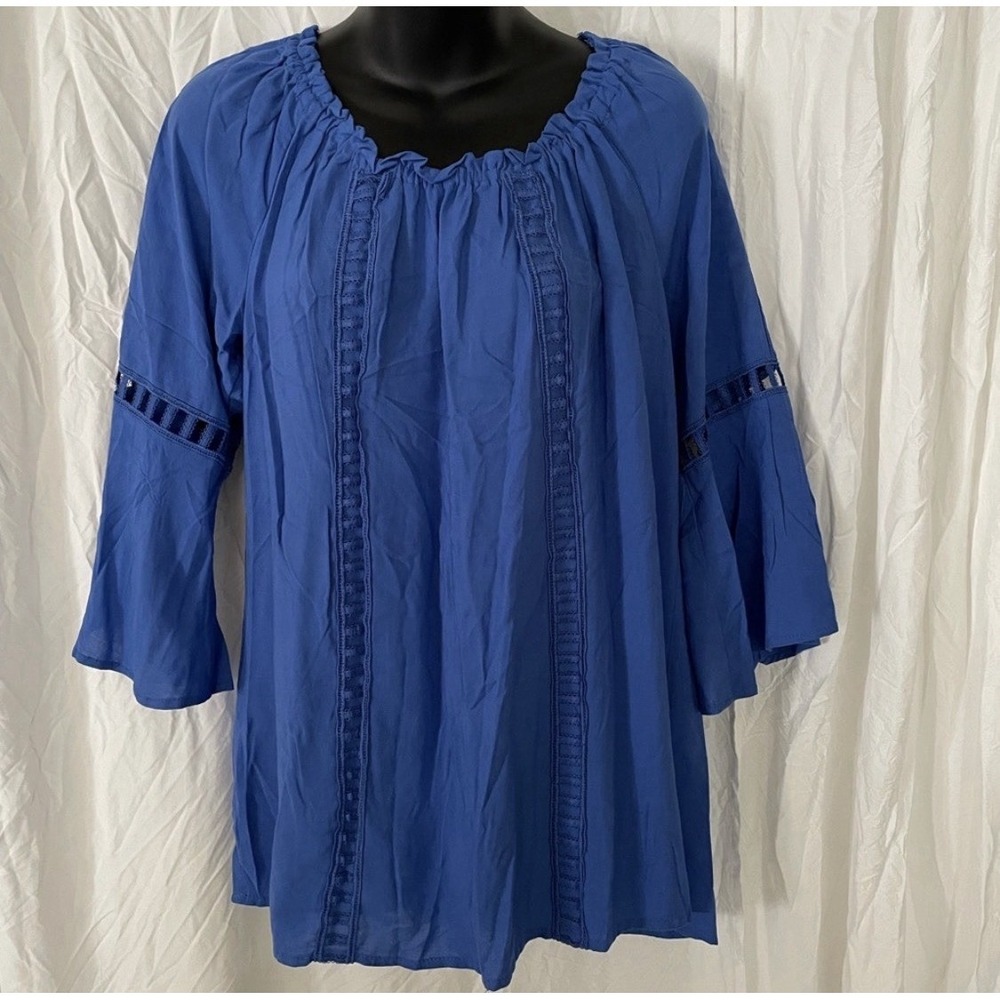 Melissa‎ Paige Woman's Blue Peasant Bell Sleeve Blouse Round Neck Size Large